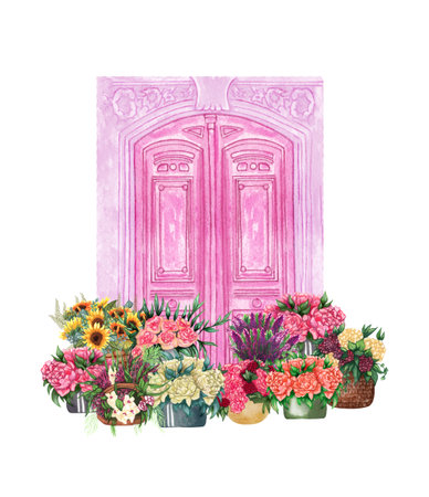 Entranse door with flowers. Buildind illustration. Flower delivery. Arcitecture.の写真素材