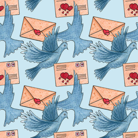 Seamless pattern with envelopes, pigeon and hearts for Valentines day.の写真素材