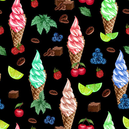 Watercolor seamless pattern fruit icecream a cone. Hand painted sweet summer dessert. Ice cream seamless backgroundの写真素材