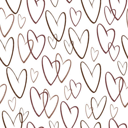 Watercolor seamless background with brown hearts. Heand drawn abstract elements