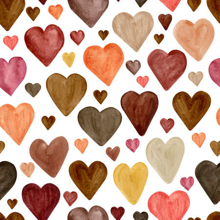 Watercolor seamless background with brown hearts. Heand drawn abstract elements