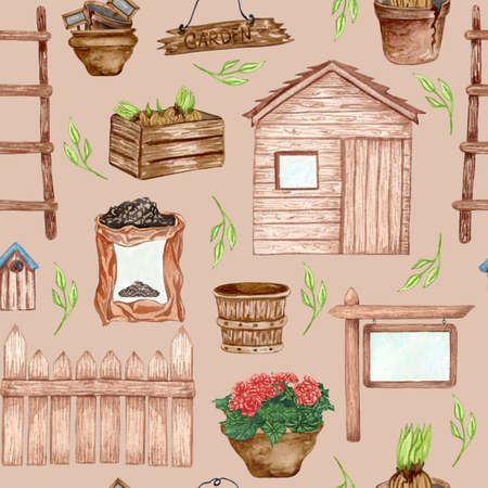 Watercolor seamless pattern of garden tool and potted plants. Gardening background.の写真素材