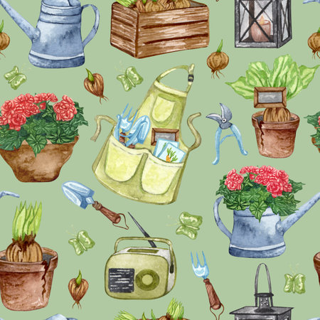 Watercolor seamless pattern of garden tool and potted plants. Gardening background.の写真素材