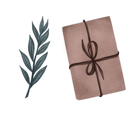 Set of gift boxes with bows and floral decoration. hand drawn illustration of presents in crafting paper. neutral colors.の写真素材