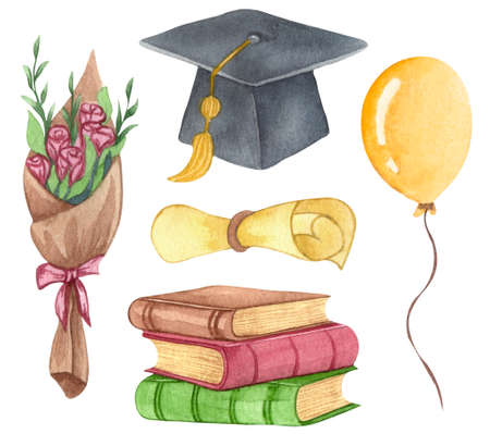 Watercolor Graduation set of Graduation cap, flowers, balloons and stack of books. Hand drawn school illustrationの写真素材