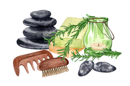 watercolor spa set. Bath collection of oil, flower, salt, towel, stones, candels, aroma sticksの写真素材