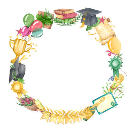 Watercolor Graduation frame of Graduation cap, flowers, balloons and stack of books. Hand drawn school illustration.の写真素材