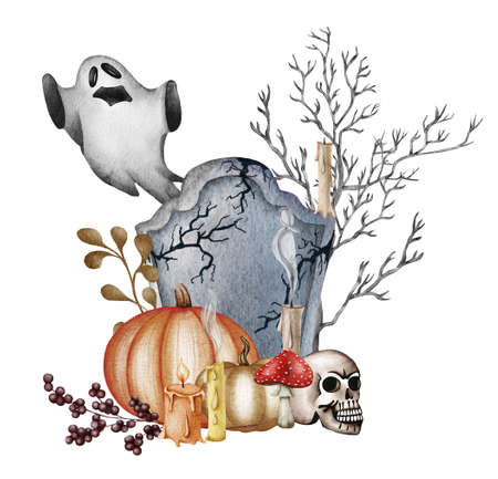 Halloween pumpkin composition. Bat, skull, pumpkin on a tray, magic book, ink, candle hand drawn watercolour illustrationの写真素材
