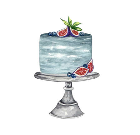 Watercolor wedding cream cake with decorations on a cake stand. Birthday delicious cake.の写真素材