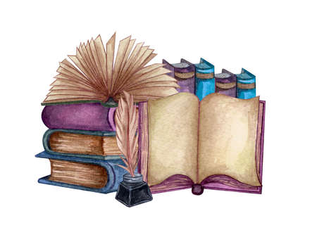 A watercolor pile of school books, education art library, bookshelves hand-drawn illustration. frame with books. Border.の写真素材