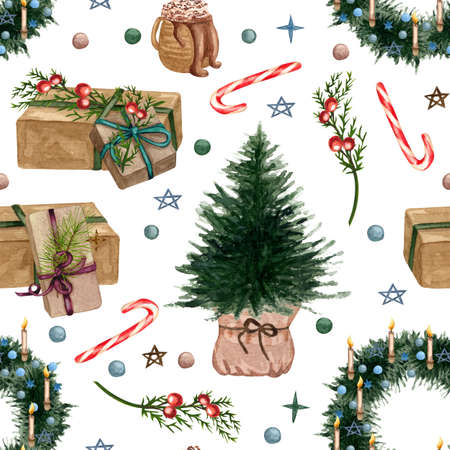 Watercolor christmas seamless pattern with holiday inscriptions and elementsの写真素材