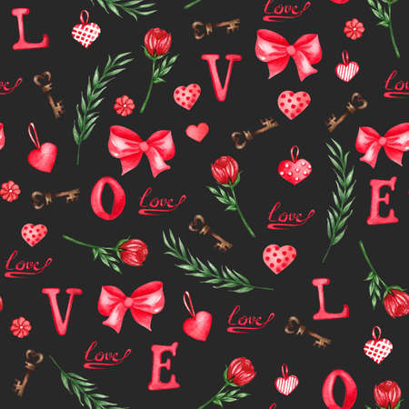 Watercolor seamless pattern of love elements, hearts, letters, arrow, buntings. Valentines seamless backgrouns for prints on fabric, paper, clothes.の写真素材