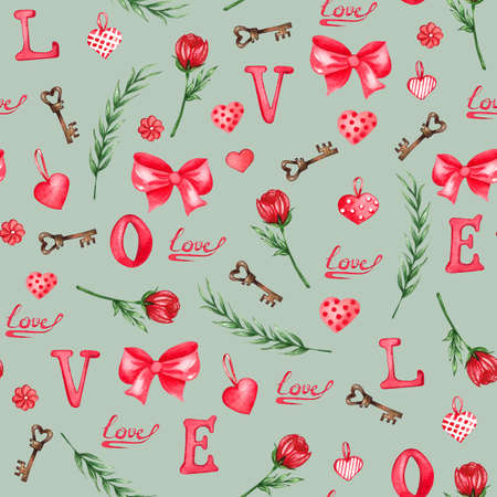 Watercolor seamless pattern of love elements, hearts, letters, arrow, buntings. Valentines seamless backgrouns for prints on fabric, paper, clothes.の写真素材