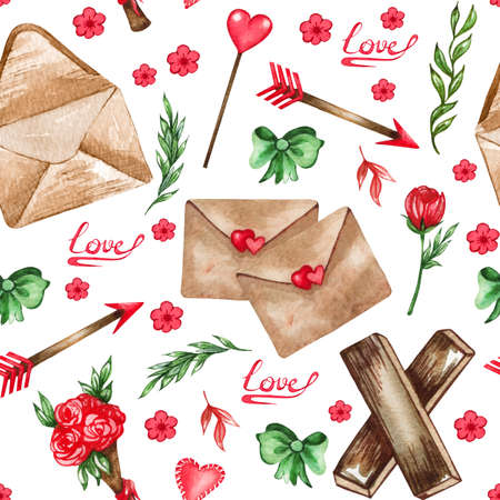 Watercolor seamless pattern of love elements, hearts, letters, arrow, buntings. Valentines seamless backgrouns for prints on fabric, paper, clothes.の写真素材