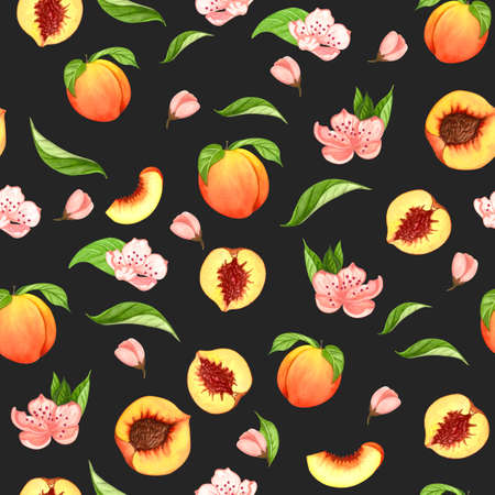 Seamless peach pattern with fruits, leaves, flowers background. Watercolor peach tree seamless...