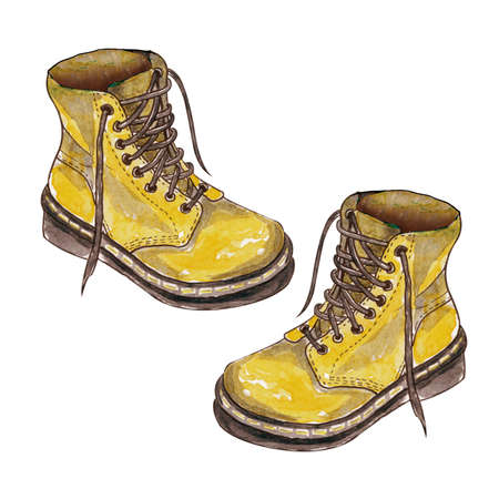 Sketch of lether shoes. Hand drawn Watercolor illustration of autumn boots isolated on white backgroundの写真素材