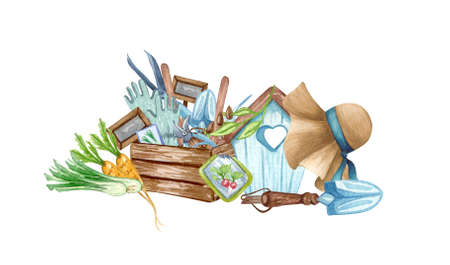 Watercolor set of garden objects a bag of mud, watering can, flowerpot, seeds. Gardening tools. Spring garden illustration.の写真素材