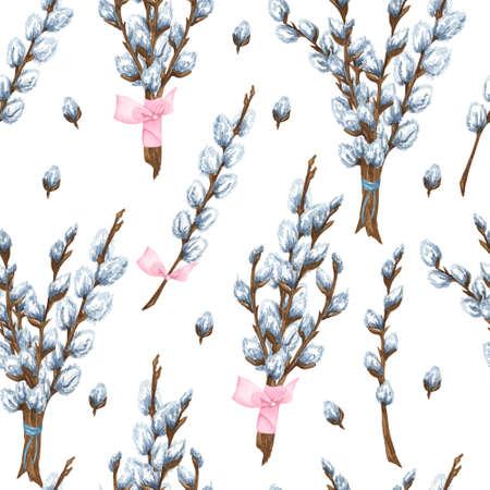 Easter willow seamless pattern. Watercolor spring background for design of gift packs, patterns fabric, wallpaper, web sites, etc.の写真素材