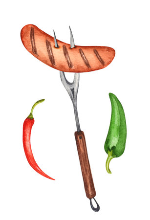 BBQ food. watercolor set of various objects for picnic, summer eating out and barbecue, meat and sauces on white background.の写真素材