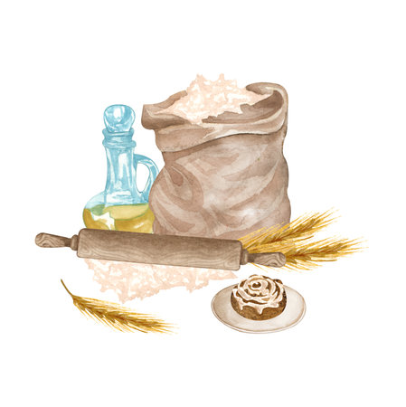 Baking watercolor illustration with kitchen utensils, vanilla extract, cinnamon bun, rolling pin, flour, wheat on white background. Hand drawn Cooking clip art. Baking concept.の写真素材