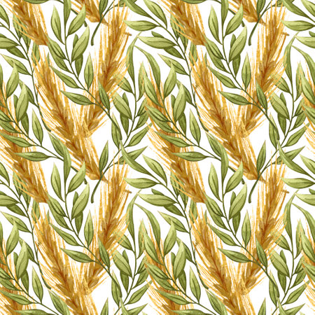 Watercolor seamless pattern with golden ears of wheat and green twigs on white background. hand drawn illustration.の写真素材