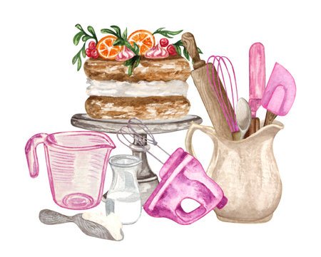 Baking watercolor set with kitchen utensils, mixer, cake, chocolate, potholders, spoon, clay jag, whisk on white background. Cooking clipart. Bakingの写真素材