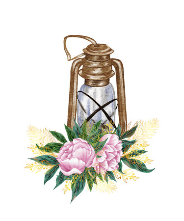 Vintage anterns with beautiful peony flowers elements isolated. watercolor illustrationの写真素材