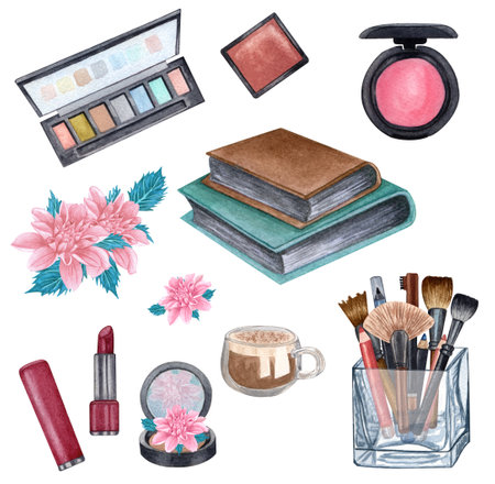 watercolor make up products. Hand drawn cosmetics set of pearl powder, brushes in a glass holder, powder, texture, palette, mascara, lip stick.の写真素材