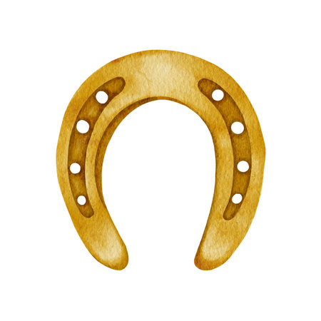 Watercolor horseshoes in golden colors. Talisman for good luck. Decorations for Saint Patricks Day. Design elements isolated on whiteの写真素材