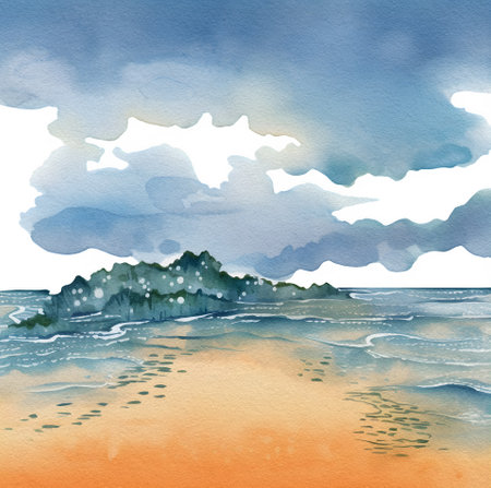 Watercolor beach ladscape illustration. Seascape clipart. ropicalの写真素材