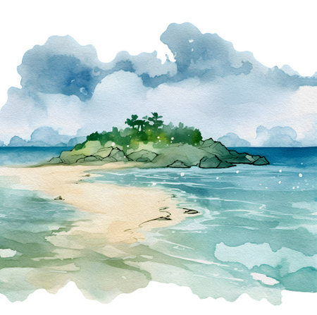 Watercolor beach ladscape illustration. Seascape clipart. ropicalの写真素材