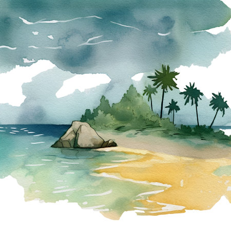 Watercolor beach ladscape illustration. Seascape clipart. ropicalの写真素材