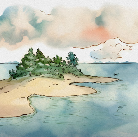 Watercolor beach ladscape illustration. Seascape clipart. ropicalの写真素材