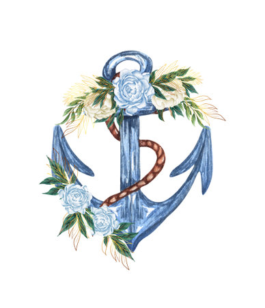 Watercolor hand drawn nautical, marine, floral illustration with anchor, rope and flower bouquet arrangement.の写真素材
