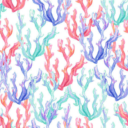 Seamless hand drawn pattern with coral reef and starfishes. Watercolor nautical illustration under the sea.の写真素材