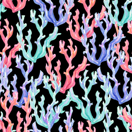 Seamless hand drawn pattern with coral reef and starfishes. Watercolor nautical illustration under the sea.の写真素材