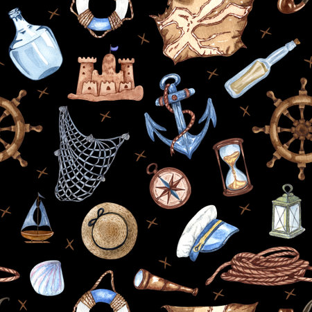 Seamless pattern with gold anchor, coins and chains for fabric design. Watercolor Nautical background.の写真素材