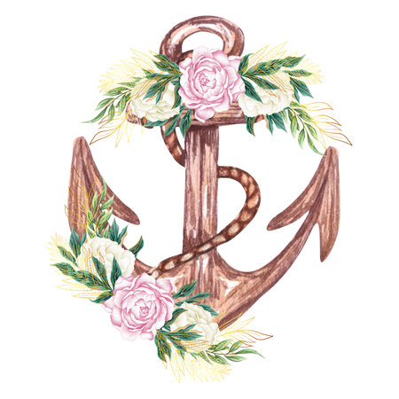 Watercolor hand drawn nautical, marine, pink floral illustration with anchor, rope and flower bouquetの写真素材