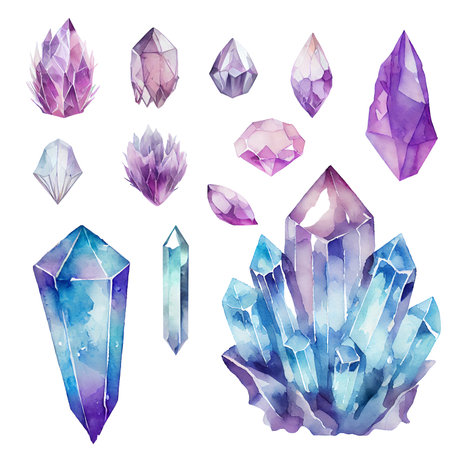 Watercolor Gems collection. semiprecious crystals. Mystical illustration isolated on white background.の写真素材
