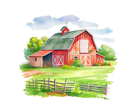 Red farm house barn. Watercolor illustration landscape white isolated backgroundの素材