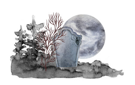 Watercolor Halloween. Hand painted graveyard with tombstone, bats and moon isolated on white . Holiday print for design or backgroundの写真素材