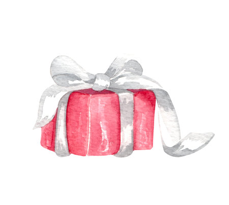 Watercolor gift box in a craft paper with a bright ribbon. Hand drawn holiday design elements isolated on white background. Christmas gift clipartの写真素材