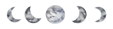 Watercolor moon phases. Hand drawn moon illustrationの写真素材