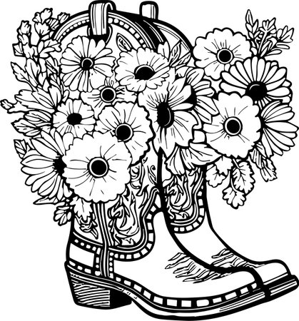 Cowboy boots with flowers and leaves. Floral decoration. Outline vector illustration isolated on white for design, greeting cards, printのイラスト素材