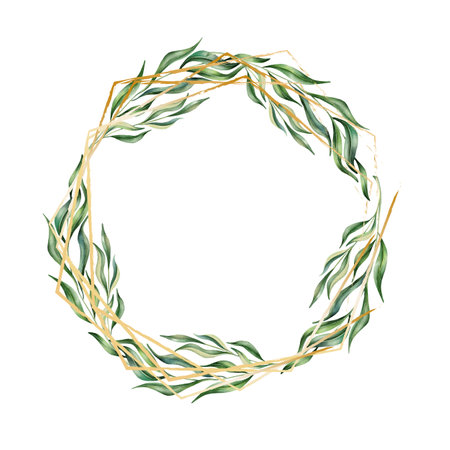 Watercolor Willow twig with leaves gold wreath. Eucalyptus frame. Perfect for cards, logo, decorations, invitations, cosmetic designsの写真素材