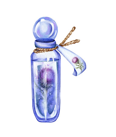 Watercolor potion bottle. Love potion and elixir hand drawn illustration. Halloweenの写真素材