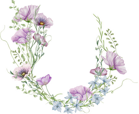 Watercolor wildflowers wreath. Botanical arrangement of wild flowers and herbs. Summer floral compositionの写真素材