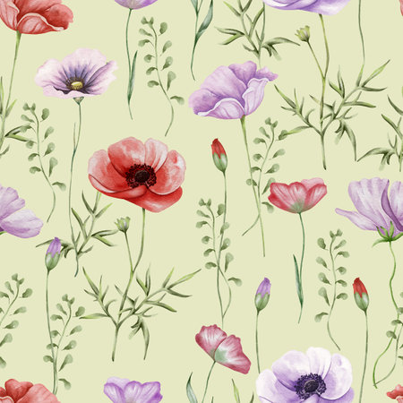 Floral seamless pattern with wildflowers and herbs. Watercolor illustration blossoming meadow background. red poppy flowerの写真素材