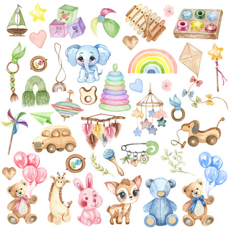 Watercolor Kids Toys Clipart. Wooden Toys Clipart. Baby Shower. Nursery, Kids Room Decor. Eco-friendly Child Toys.の写真素材