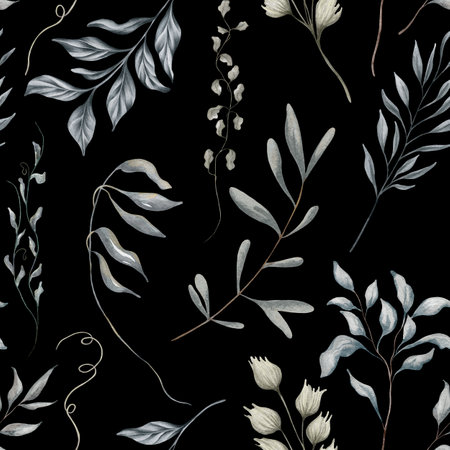 Watercolor floral seamless pattern with dried leaves, blue and beige blush flowers, leaf branches. Wedding invitations, backgrounds, wallpapers, fashion, prints, fabricの写真素材